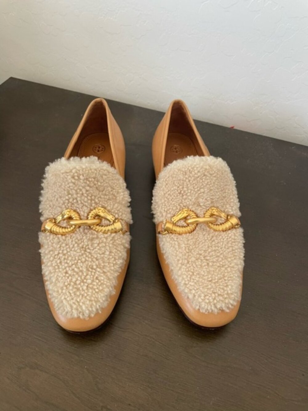 Tory Burch Jessa Shearling Loafers Caramel Tan Leather Horsebit Sz 7M